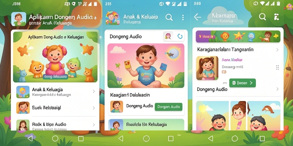 Tampilan antarmuka aplikasi Dongeng Audio JPS88 yang menarik dan interaktif.